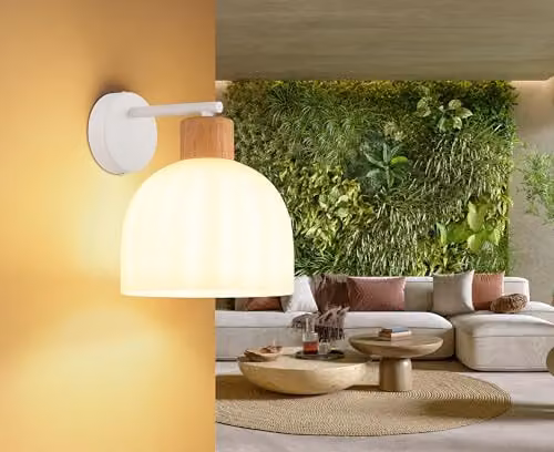 Globo Lighting White Matt Metal and Brown Wood Wall Light with Opal Glass Dome Shade, H 24.0 cm x W 20.0 cm x D 23.5 cm – 2
