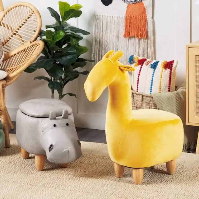 Wyld and Coco Hippo Kids Storage Stool in Light Grey Faux Leather with Rubberwood Legs