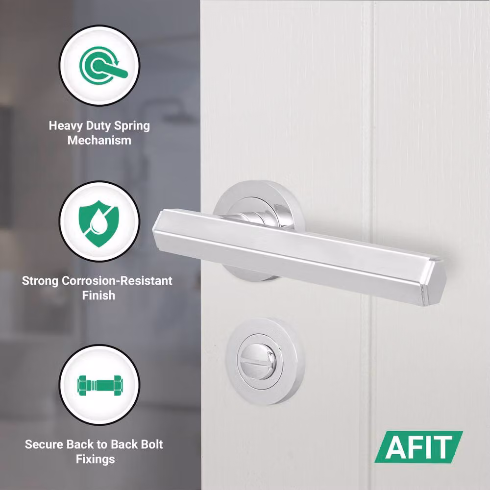 AFIT Polished Chrome Bathroom Door Handle Set with Lock and Hinges in Silver – 2