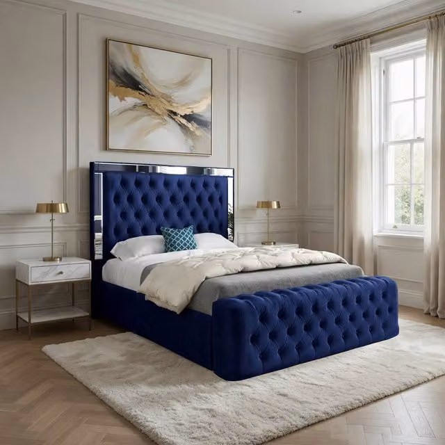 Casani Loweswater Mirror Upholstered Designer Bed Frame in Blue Velvet, W/D/H: 180 x 200 cm – 1