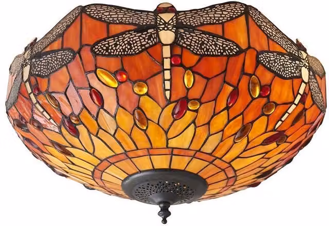 Loops Tiffany Glass Semi Flush Ceiling Light with Dragonfly Inverted Shade in Clear and Bronze – 1