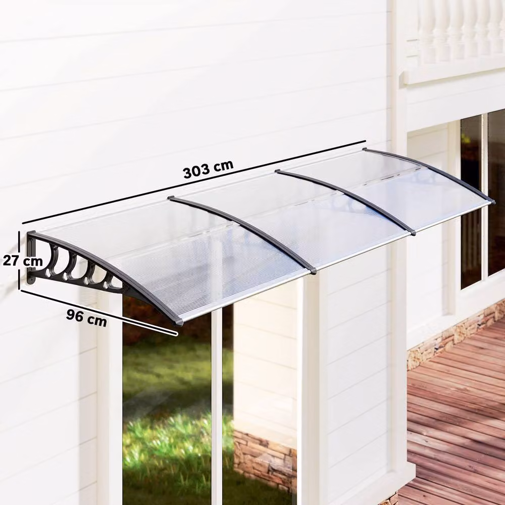 Rolipo Transparent Front Door Canopy Awning Rain Shelter with Aluminium Frame, W: 303 cm, H: 96 cm – 4