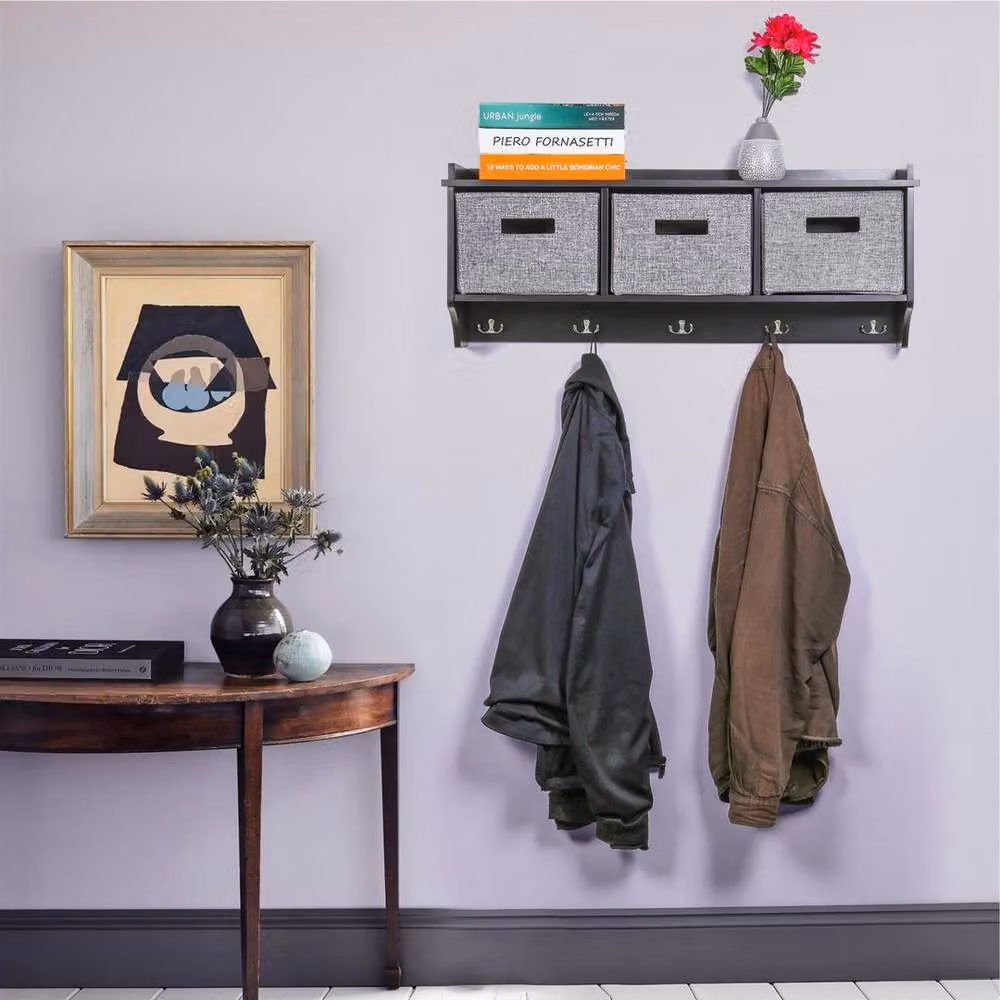 KORVIXA Matt Black Wall Mounted Coat Hook Unit with 5 Hooks and 3 Baskets – 4