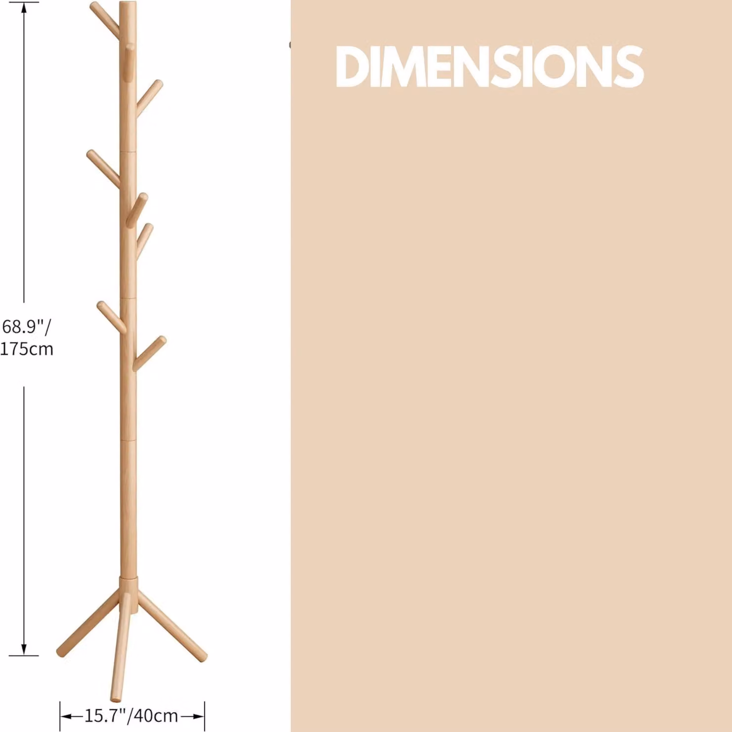 Pirlo Plush Wooden Coat Stand with 8 Hooks in Natural Brown and Beige, H 180 cm x W 40 cm x D 40 cm – 2