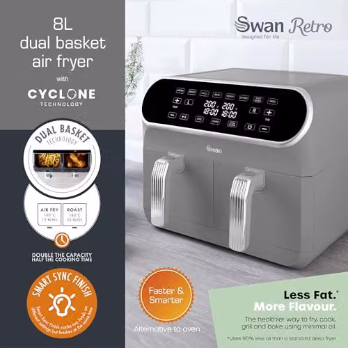 Swan SD10519GR Retro Dual Basket Air Fryer with Cyclone Technology, 8L, 1700W, Grey – 2