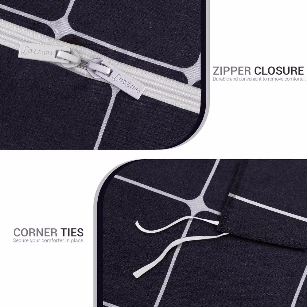 Lazzaro Home Reversible Checkered Double Duvet Cover and Pillowcase Set in Navy Blue, 200 x 200 cm – 5