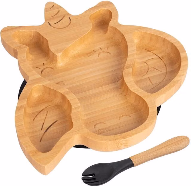 Tiny Dining Bamboo Divided Toddler Weaning Plate and Fork Set in Black and Brown with Unicorn Design