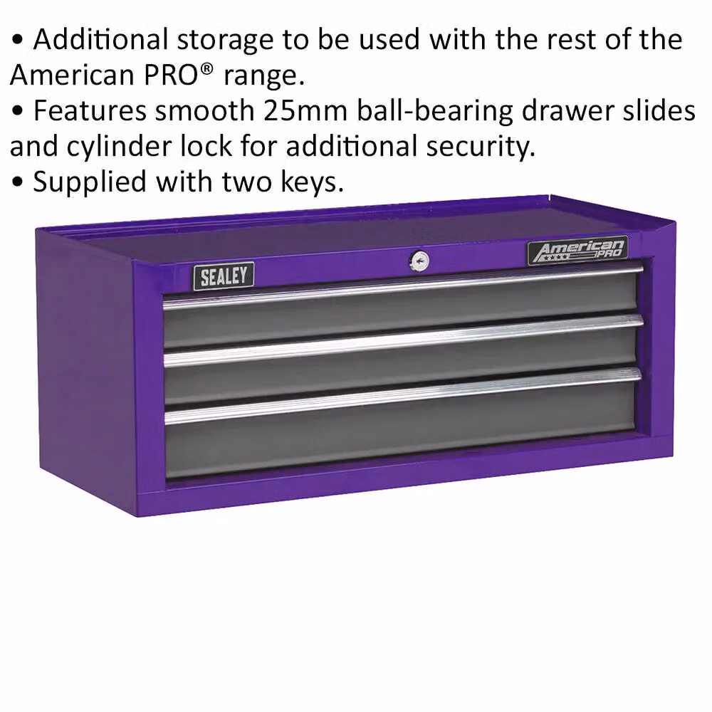 American PRO Loops Lockable 3 Drawer Mid-Box Tool Chest Storage Cabinet, Purple, W: 60.5 cm, D: 26 cm, H: 2.5 cm – 2