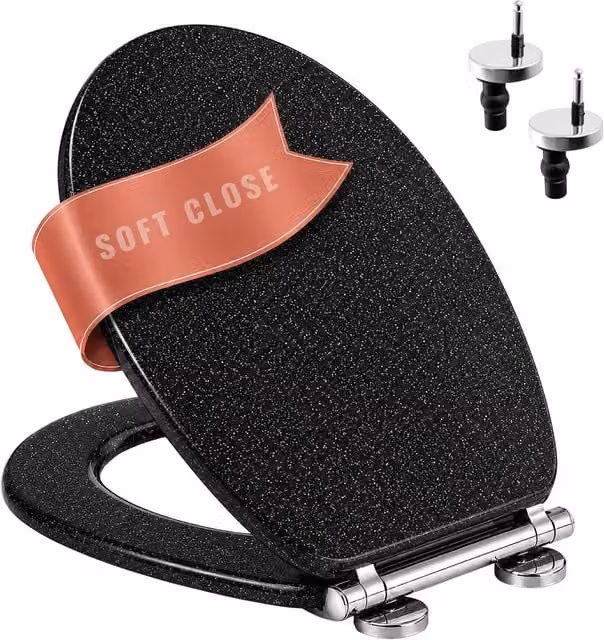 Marco Paul Black Glitter Soft Close MDF Oval Toilet Seat with Quick Release Button – 1