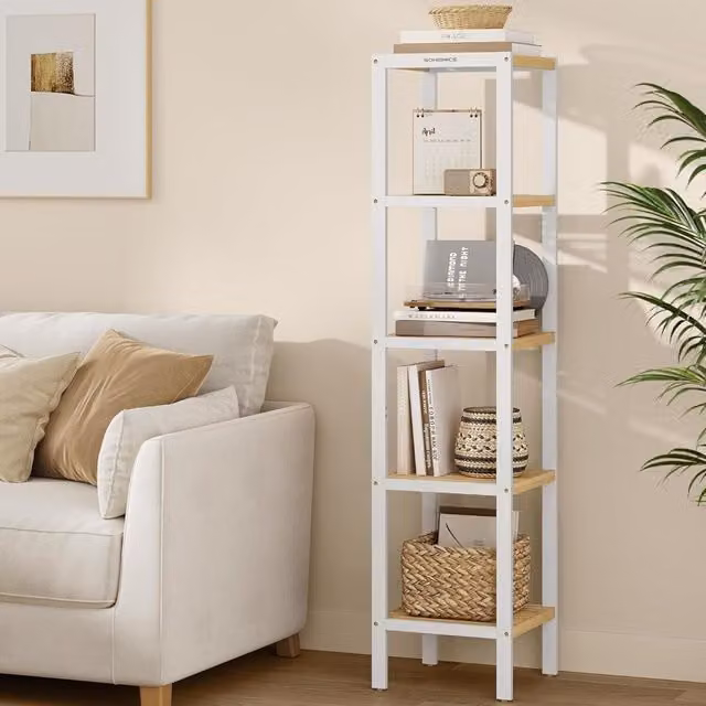 The Bazaarist 5 Tier Bamboo Corner Storage Shelf with Adjustable Shelves in White and Natural Beige