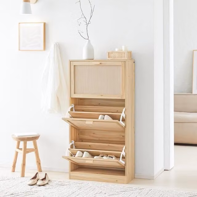 SoBuy Modern Wooden Shoe Storage Bench with Fabric Seat Cushion and Sliding Doors in Natural Brown