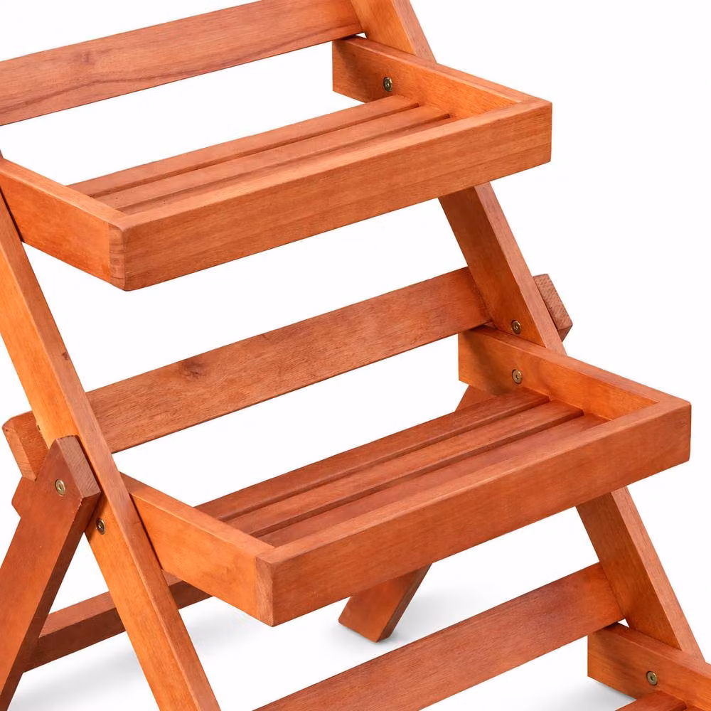 Samuel Alexander 3 Tier Oiled Wooden Foldable Indoor Plant Stand Display Shelf, Brown, H 92.0 cm x W 60.0 cm x D 75.0 cm – 4