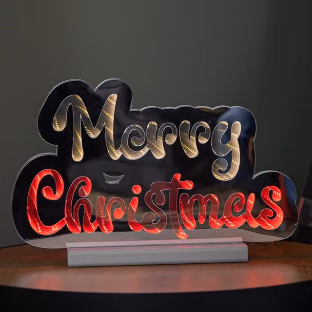 Samuel Alexander 32cm Merry Christmas Infinity Light with Red and White LEDs on a Wooden Base
