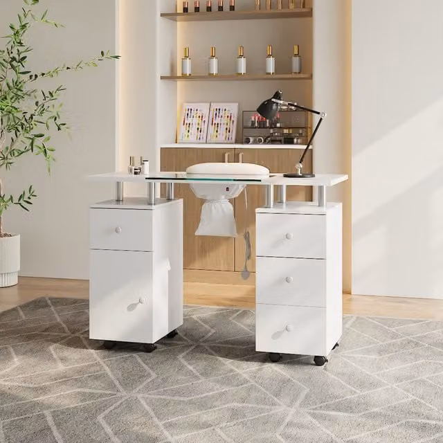 Komore Modern White Glossy Manicure Table with Glass Top and Built-in Dust Collector