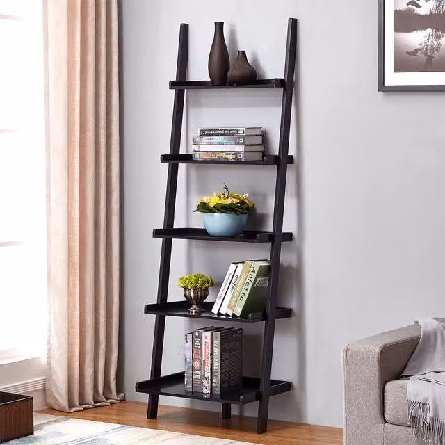 Charles Bentley 5-Tier Tall Wooden Ladder Storage Shelving Unit in Black