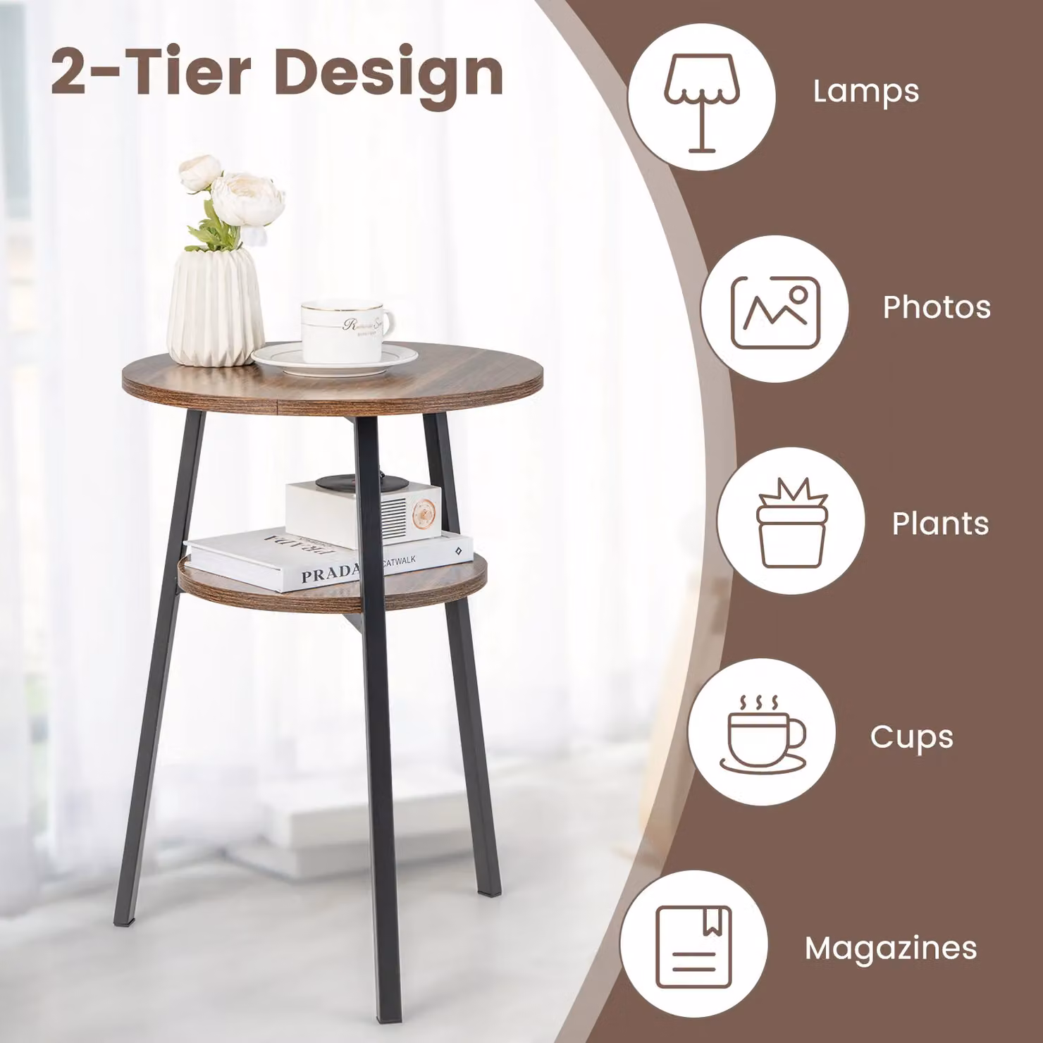 Costway Round 2 Tier End Table with Open Storage Shelf and Metal Frame in Brown – 4
