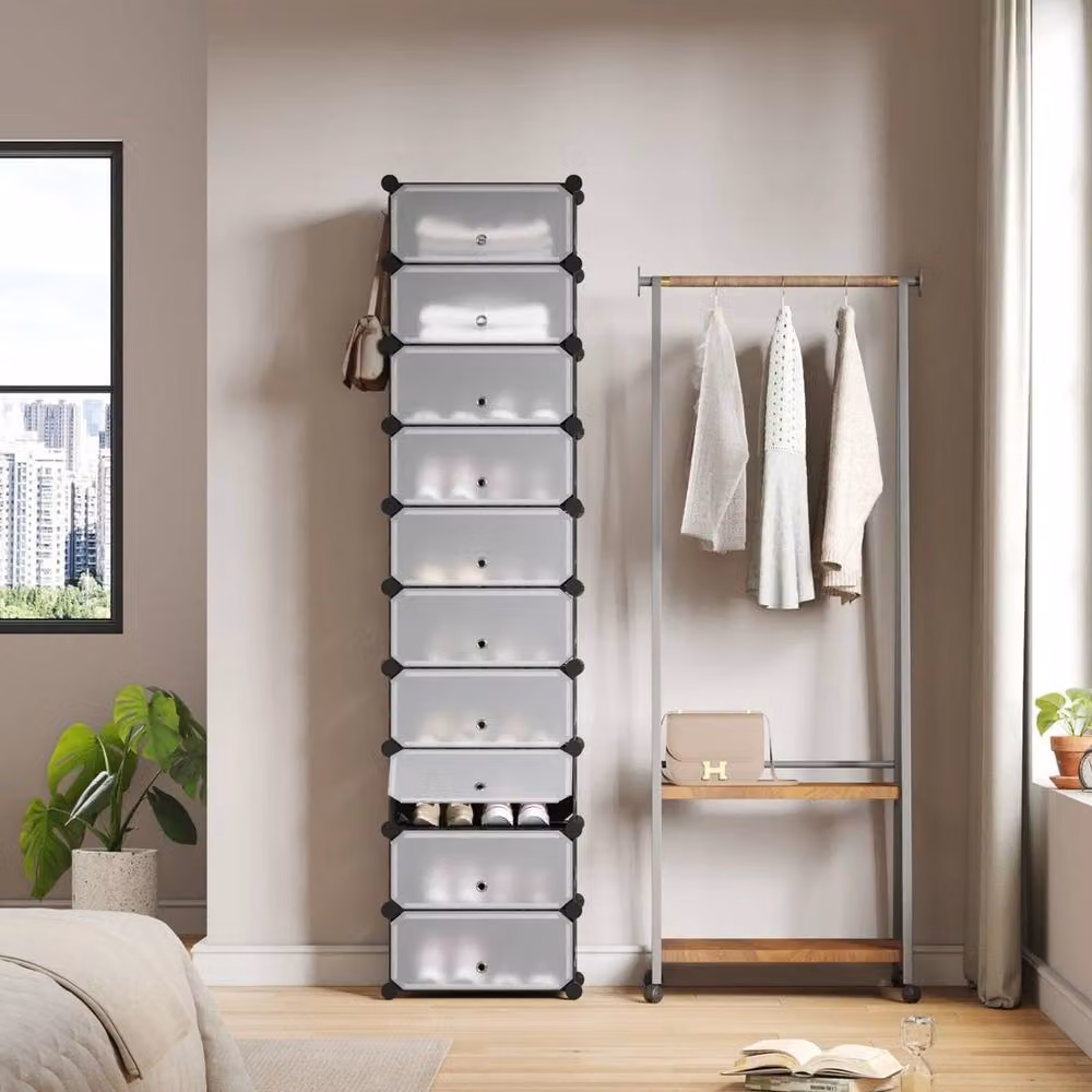 KORVIXA Black Plastic Portable Shoe Cabinet with Tilting Compartments and Internal Shelves, W/D/H: 100 x 173 x 100 cm – 3