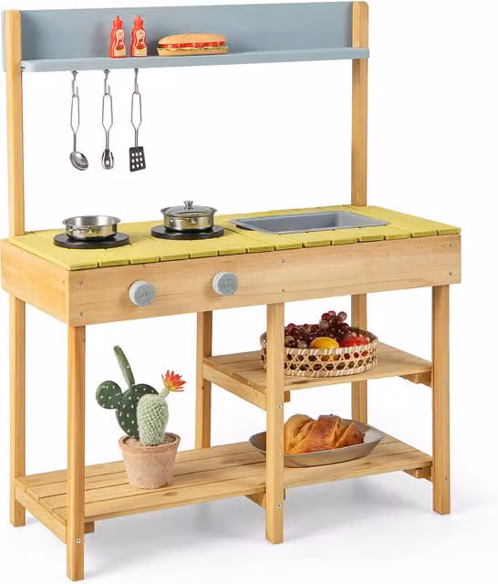 COSTWAY Wooden Outdoor Mud Kitchen Set in Brown
