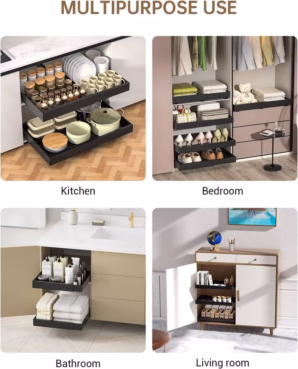 JANLEMNY 2 Pack Adjustable No-Drill Carbon Steel Pull-Out Cabinet Organiser in Black – 8