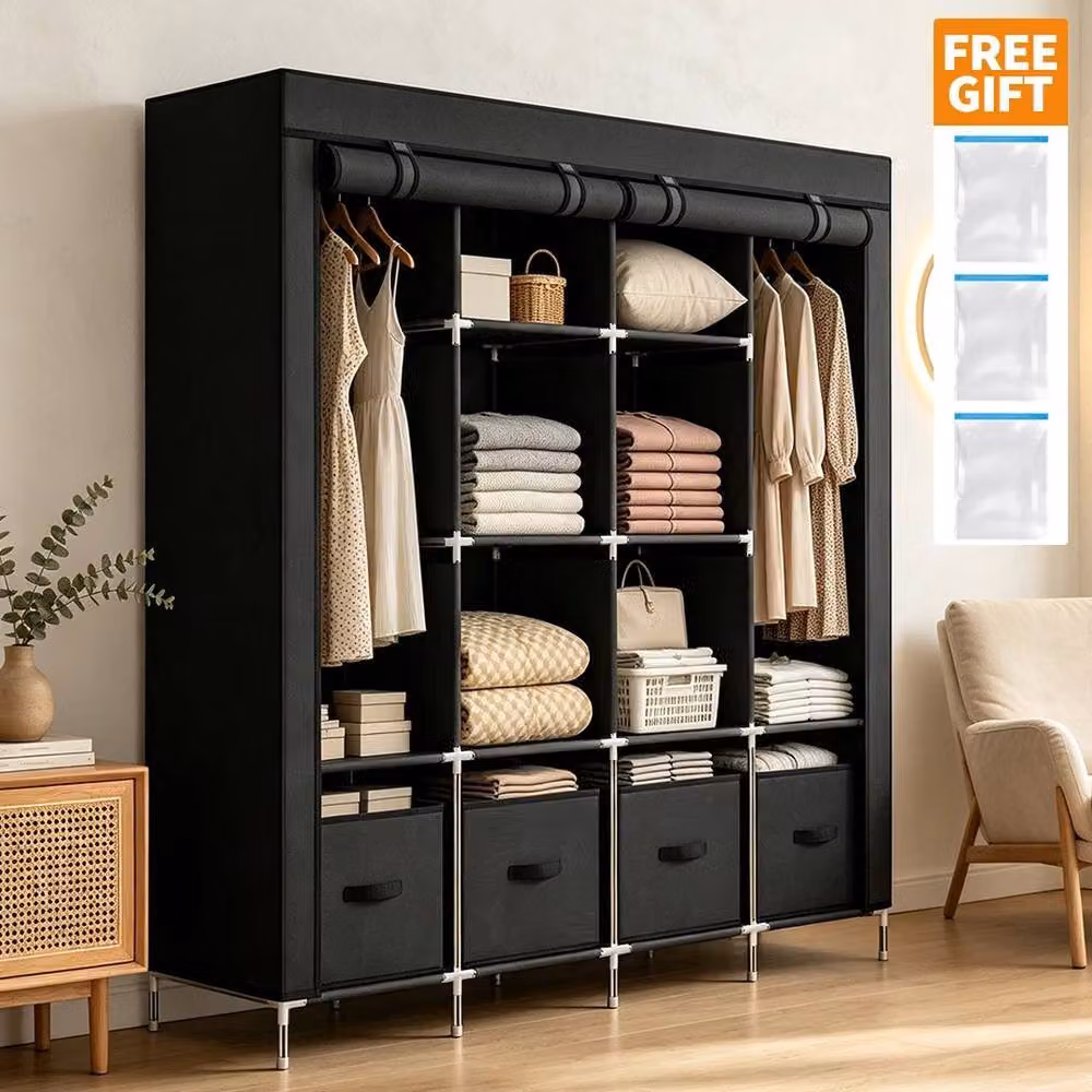 FORGEVIO Modern Black Fabric Canvas Wardrobe with Roll Shutter and Hanging Rod – 3