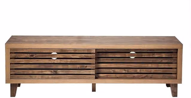 CALICOSY LIAM TV Stand with 2 Sliding Doors and Openwork Slats, Dark Brown, W: 140 cm, D: 35 cm, H: 45 cm