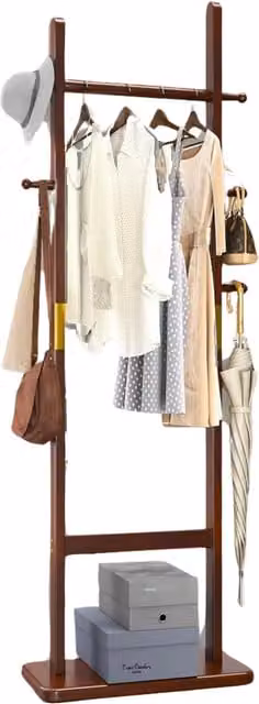 Furnold Brown Lacquered Rubberwood Coat Stand with 5 Hooks and Clothes Rail, Height: 180 cm