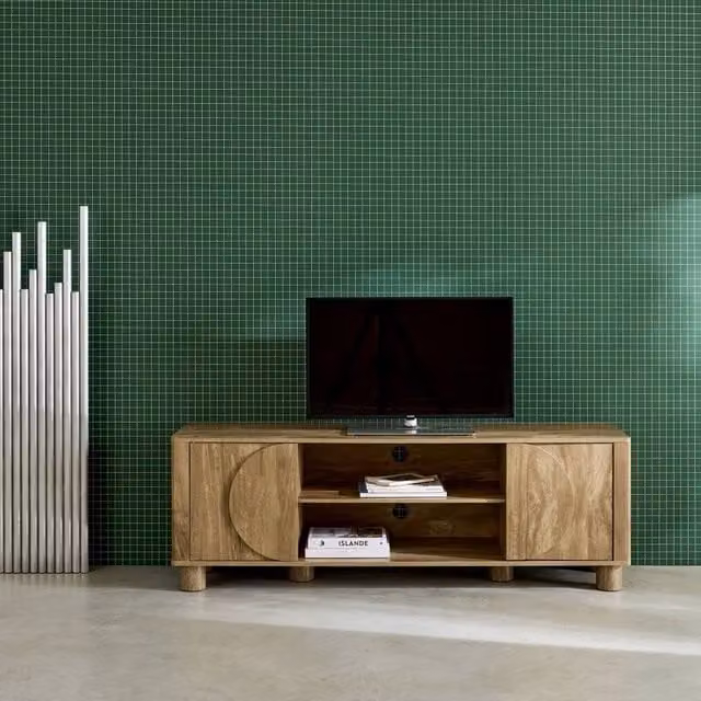 sweeek Exotic Wood Effect TV Unit with 2 Reversible Doors in Brown and Beige, W: 155 cm, D: 40 cm, H: 72 cm