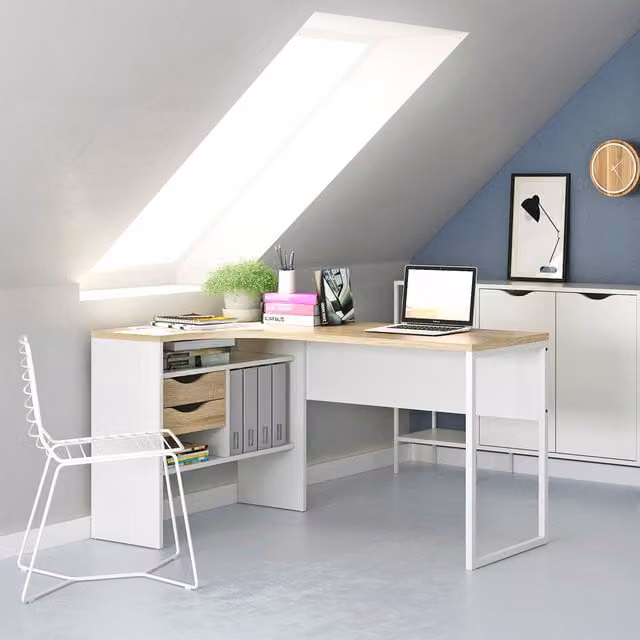Toyen Modern Corner Desk in White and Oak with Single Pedestal and Cable Management