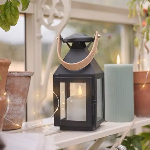 Lights4fun Brixham Small Black Leather Effect Handle Metal Lantern with TruGlow Pillar Candle and Remote Control – 2