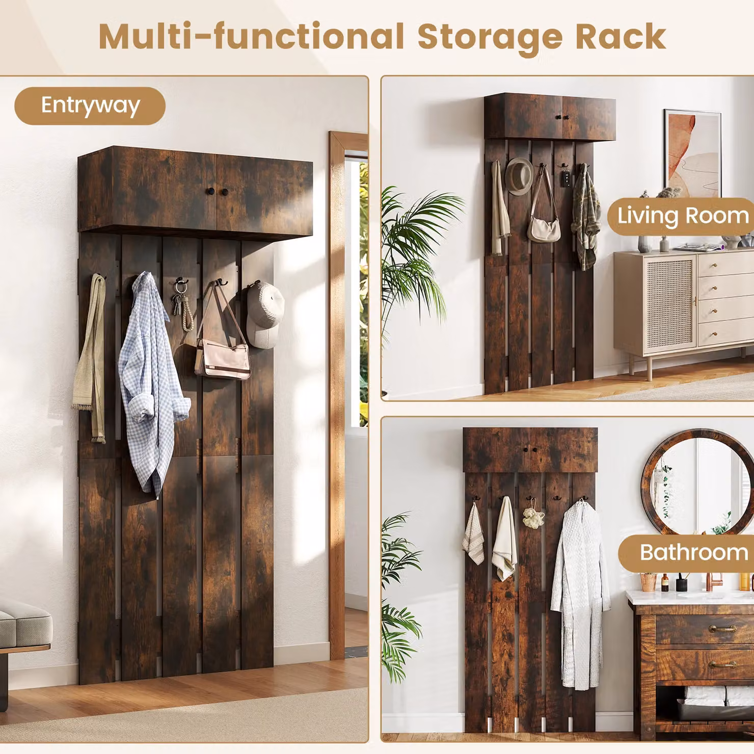 Gymax Wall Mounted Entryway Coat Rack in Brown Rubberwood with Metal Hooks – 5