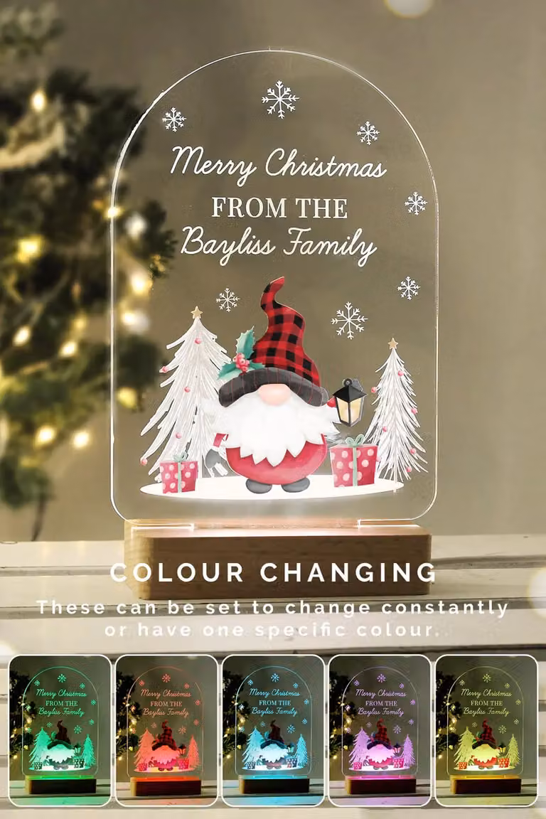 Personalised Memento Company Personalised Gonk Wooden Based LED Christmas Light in Light Brown and Multicolour