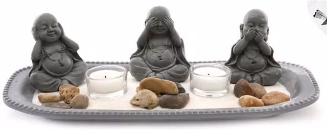 KDMK Triple Buddha Zen Garden Tealight Holder Set in Grey