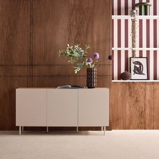 sweeek Modern 3-Door Sideboard in Beige and Walnut with Metal and MDF Construction, W: 150 cm, H: 75 cm, D: 40 cm