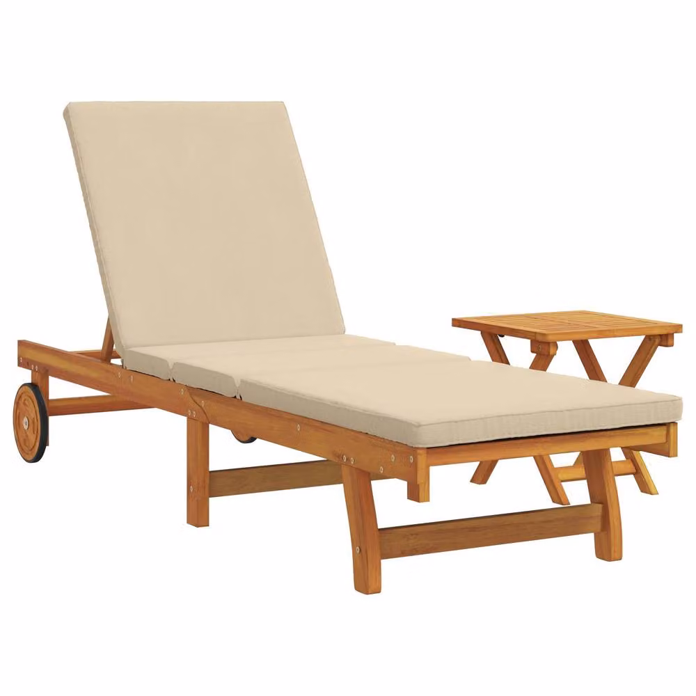 Berkfield Home Rolling Sun Lounger with Table and Cushion in Beige Solid Acacia Wood – 2