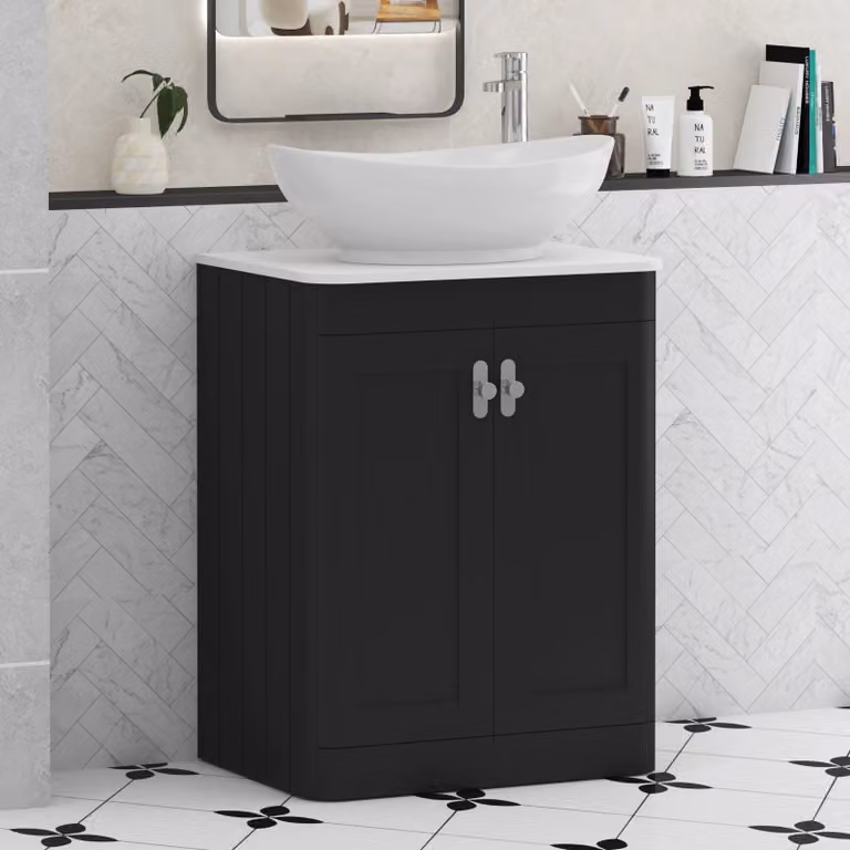 Royal Bathrooms Henley 600mm Floor Standing 2 Door Vanity Unit in Matt Nocturne Black with Plain White Worktop and Amaze Basin