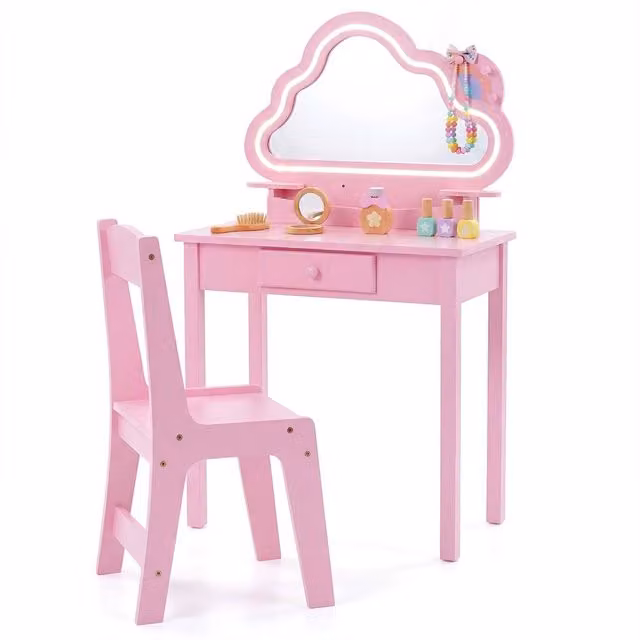 CASART Kids Vanity Set with LED Cloud Mirror and Jewelry Rack in Pink – 1