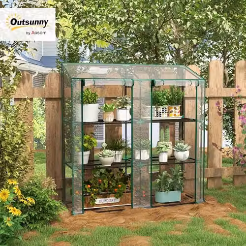 Outsunny Lean-to Mini Greenhouse with 3 Tiers and Roll-up Doors, Transparent, W/D/H: 143 x 46 x 151 cm – 2