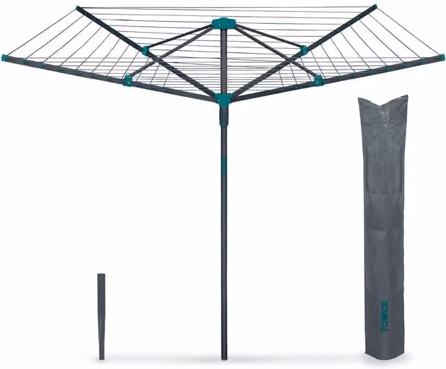 Tower 50m Rotary Airer with Spike in Black Coated Steel