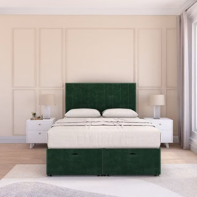 Sloomy Kansas Super King Ottoman Bed with Sprung Memory Hybrid Mattress and 54 Inch Floorstanding Headboard in Emerald Green
