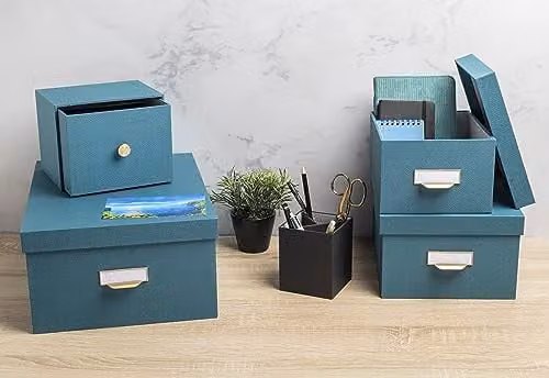 Exacompta Office By Me Set of 3 Nesting Document Boxes in Duck Blue Textile Effect Paper – 4