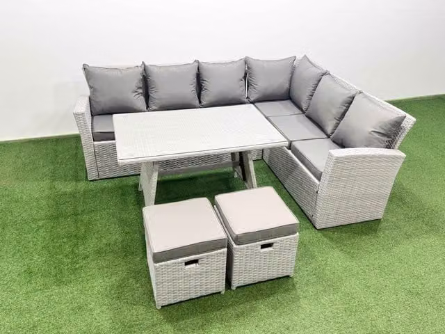 Fimous 8 Seater Outdoor Rattan Garden Furniture Set with Oblong Dining Table in Light Grey