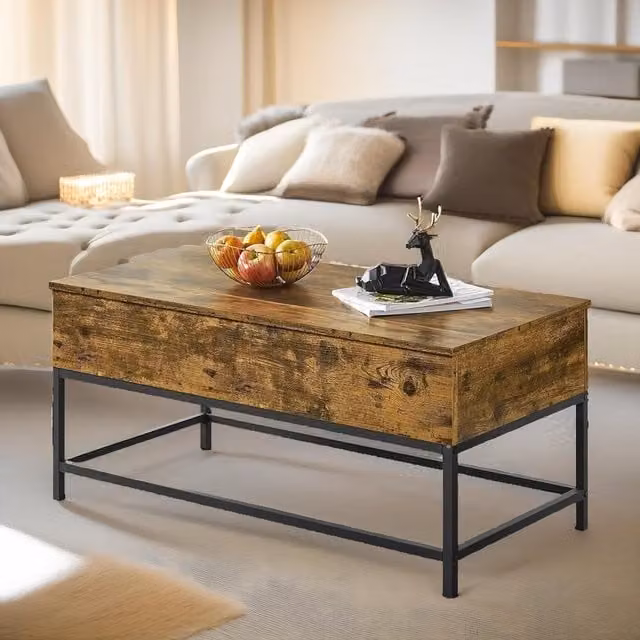 Pirlo Plush Industrial Lift Top Coffee Table with Hidden Storage in Rustic Brown – 1