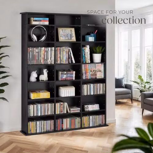 tectake CD Storage Unit in Black with Adjustable Shelves, H 136.5 x W 105.5 x D 19.0 cm – 8