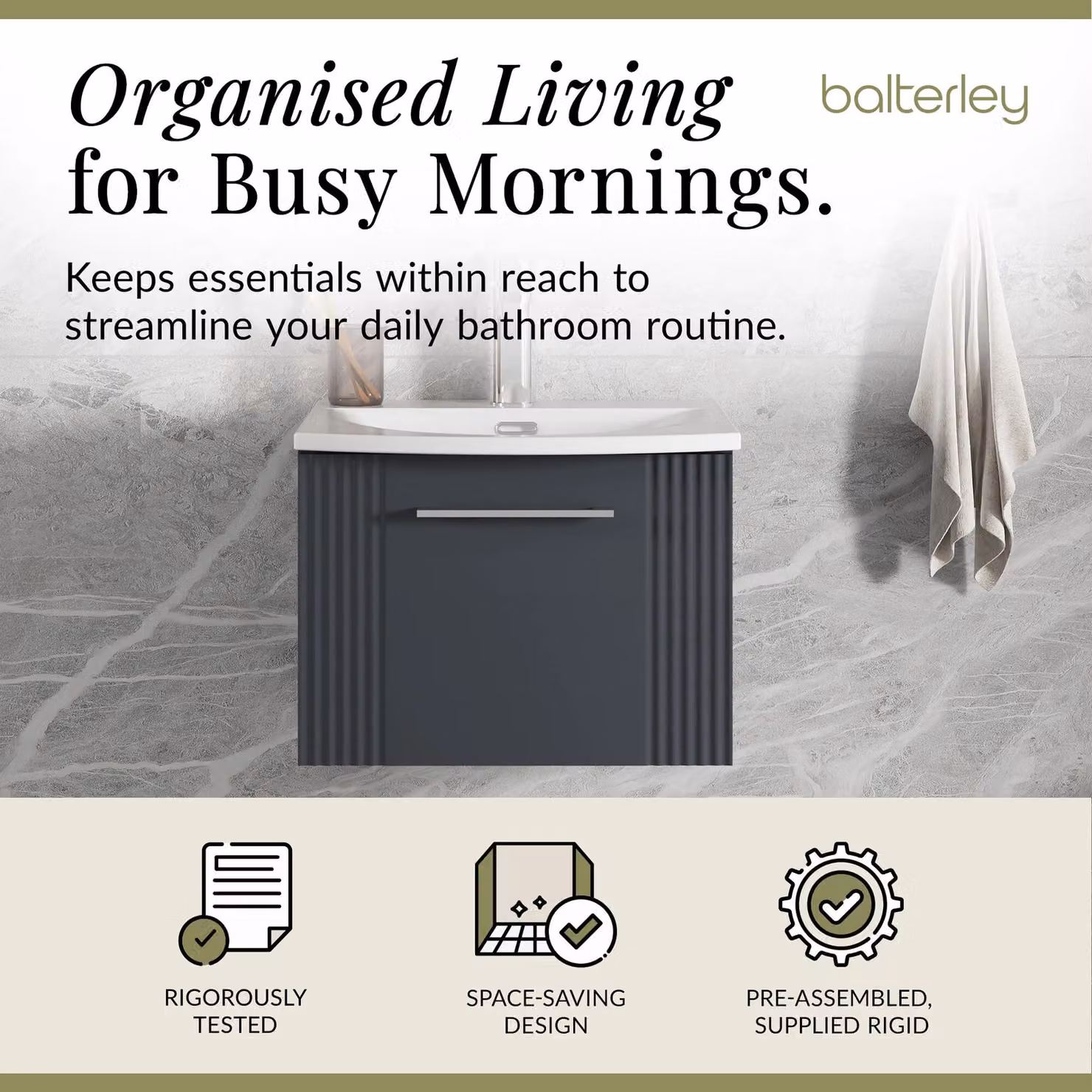 Balterley Wall Hung 1 Drawer Vanity Unit with Curved Basin, Satin Dark Grey, Width: 50 cm – 2