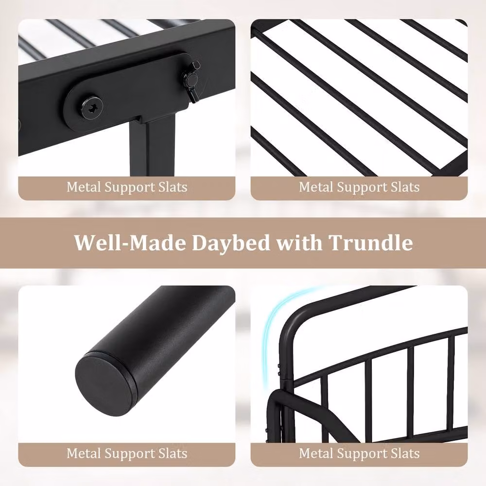 Costway Single Metal Daybed with Rolling Pull Out Trundle in Black, W/D/H: 90 x 200 cm – 10
