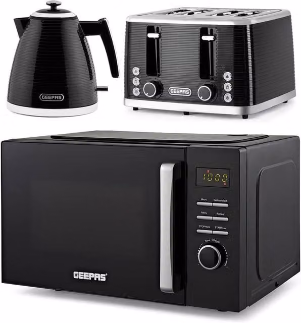 Geepas Linear Kitchen Appliance Set in Black featuring 1.7L Kettle, 4 Slice Toaster and 23L Digital Microwave Oven – 1