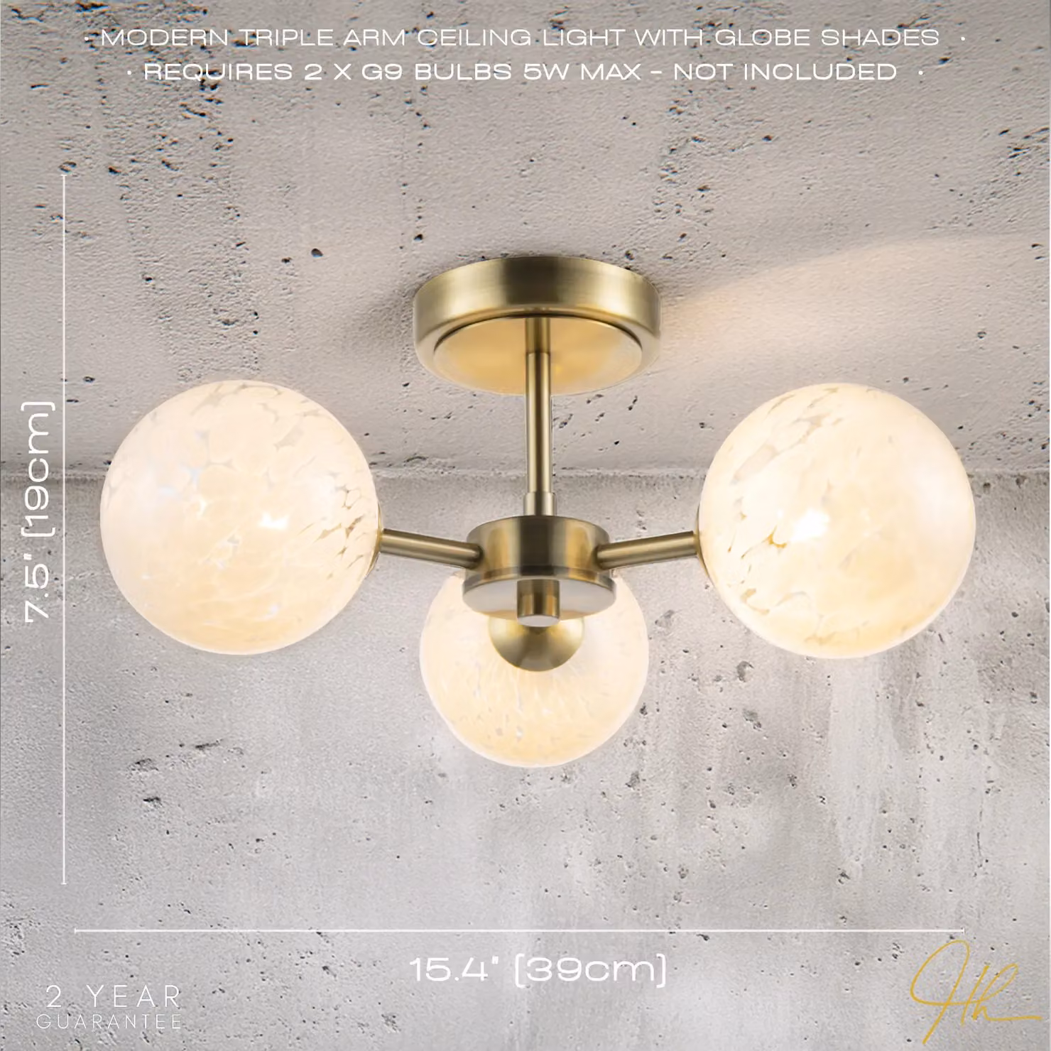 Happy Homewares Designer Ceiling Light Fitting with White Snowflake Glass Spheres and Gold Metal Accents – 2