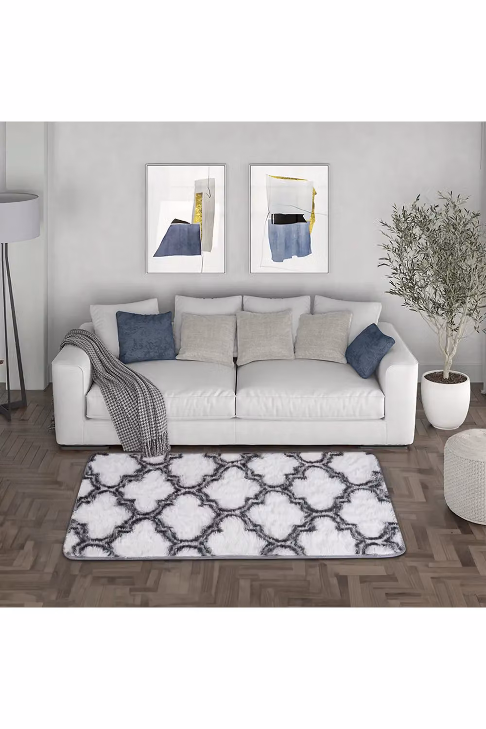 Living and Home White and Grey Geometric Pattern Rectangular Non-Slip Area Rug, W: 60 cm, L: 120 cm – 3