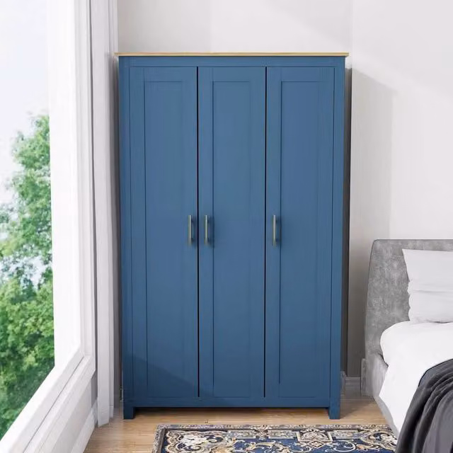SPETLEK 3 Door Wooden Wardrobe with Hanging Rail and Internal Drawers in Navy and Oak – 1