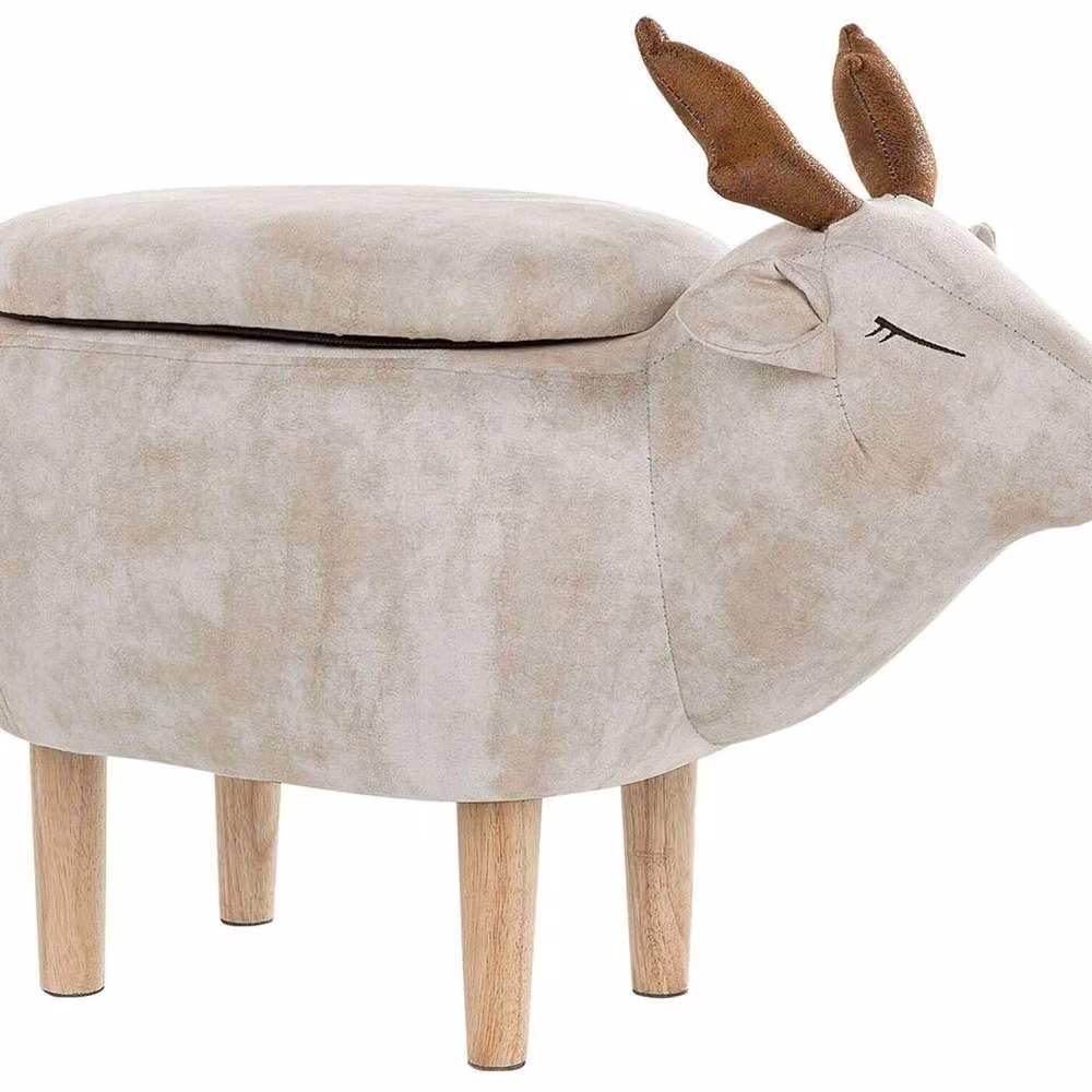 Wyld and Coco Reindeer Kids Stool in Beige Microfibre with Storage and Rubberwood Frame – 2